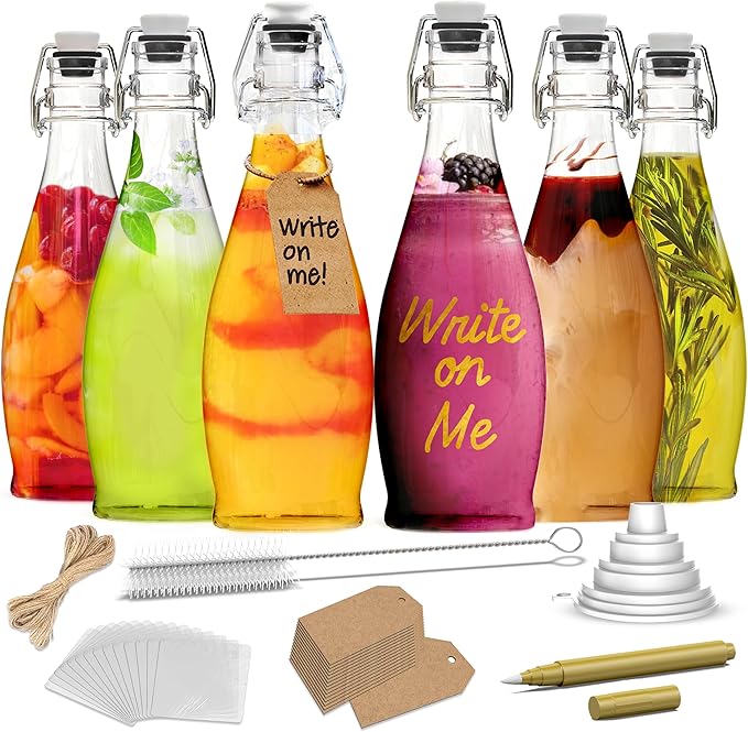 Nevlers 17 Oz Teardrop Swing Top Glass Bottles with Airtight Lid 6 Pack | Flip Top Glass Bottle with Stopper, Funnel, Brush, Shrink Wrap, Marker & Tags | Clear Beer Bottles | Fermentation Bottle Kit