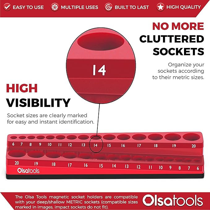Olsa Tools Magnetic Socket Holder | 3/8-inch Drive | Metric | Red | Holds 30 Sockets | Professional Quality Tools Organizer