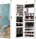 CHARMAID Jewelry Cabinet Wall or Door Mounted, Hanging Lockable Jewelry Armoire Storage with Full Length Mirror, Interior Makeup Mirror, Over the Door Jewelry Organizer Box with Mirror (White)