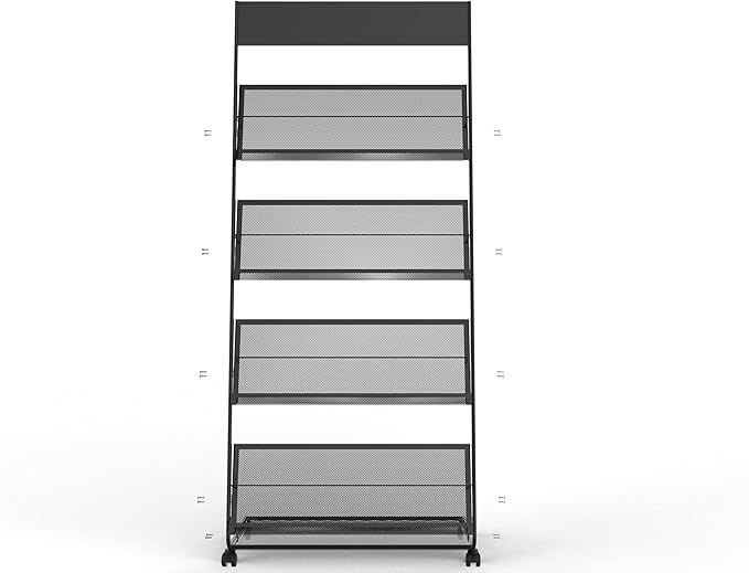 TONGMO Magazine Rack: Floor-Standing 4-Layer with Wheels, Brochure Display Stand, High-hardness metal for Exhibitions, Office, and Any Organization Requiring Information Display(Black)