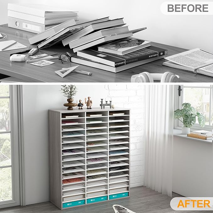 TQVAI Literature Organizer, Heavy Duty 48 Compartments Countertop Mail Organizer with Adjustable Shelves, Wooden Desk Paper Storage Organizer, Mailboxes Cubbies for Office, Classroom, Retro Grey/White