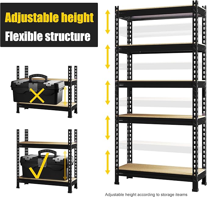 PrimeZone Storage Shelves 2 Pack 5 -Tier Heavy Duty Shelf, 1325 lbs /Pack Capacity Adjustable Metal Garage Storage Rack, Shelving Unit Rack 28" x 12" x 59" for Warehouse Pantry Closet Kitchen Black