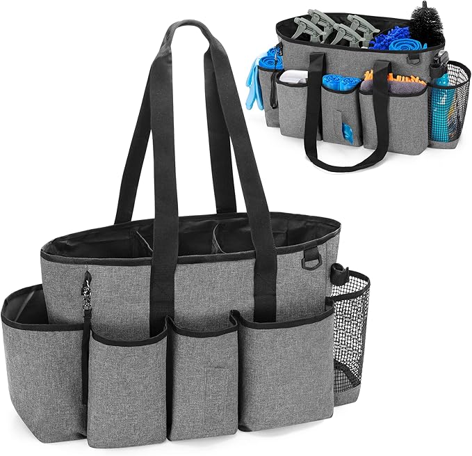 LoDrid Professional Cleaning Tote Caddy for Cleaning Supplies, Cleaning Bag Organizer with Dividers and Handle Strap for Housekeepers Work, Gray, (Bag Only)