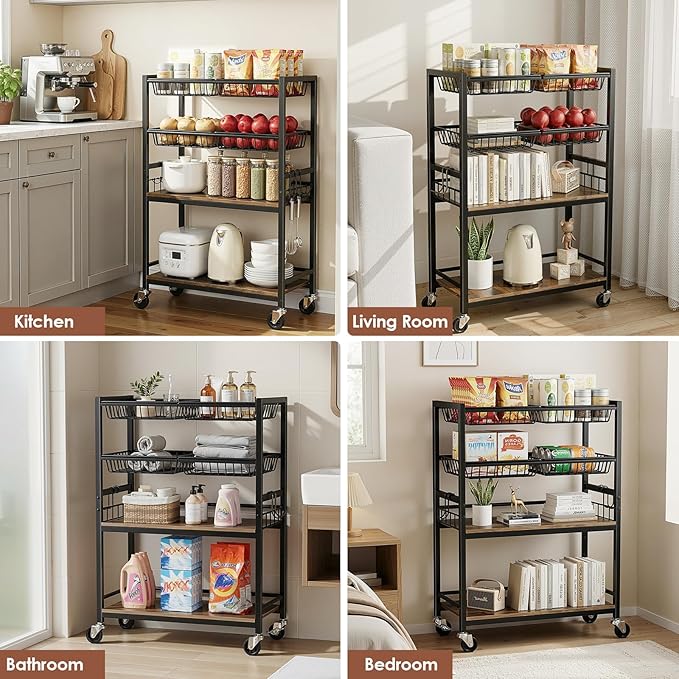 Kitchen Storage Cart, 4 Tier Utility Rolling Snack Cart, Fruit & Vegetables Basket Stand, Pantry Storage with 4 Detachable Mesh Basket for Kitchen, Bathroom, Living Room, Office, Balcony, Black