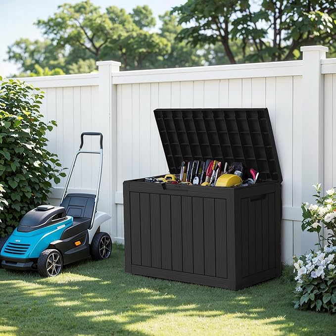 EasyUp 45 Gallon Outdoor Storage Box, Resin Waterproof UV-Resistant Deck Box, Reinforced Stability for Patio, Garden, and Poolside, Striped Black