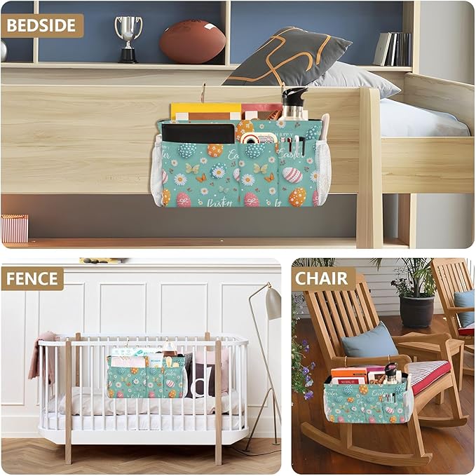 Egg Butterfly Easter Flower Bedside Caddy for Dorm Bed Bedside Hanging Caddy Bag Iron Frame Storage Organizer Pocket for Bunk Home College Hospital Beds 2 Hooks