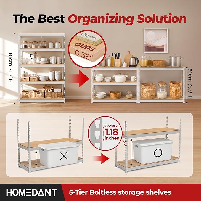 HOMEDANT 5 Tier Storage Shelves Adjustable Laminated Boltless Garage Metal Shelving Unit Heavy Duty Utility Rack Shelf Warehouse Pantry Closet Kitchen (3, (XL Deep) 48.1" W, White)