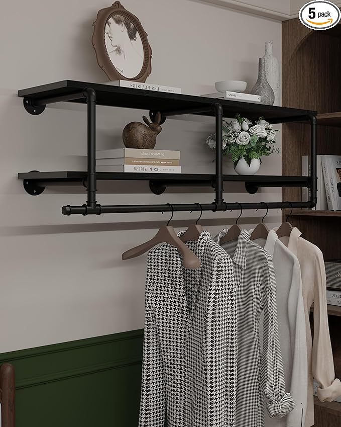 Wall Mounted Clothes Rack 12 Inch Deep, 48 Inch Heavy Duty Garment Rack with Real Black Wood Shelf, Multi-Purpose Hanging Rod & Space-Saving Closet Storage Organizer