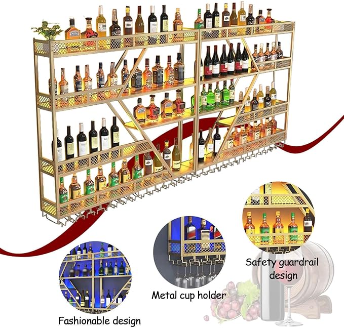 79in Large Wall Mounted Wine Rack 4 Tier Metal Wine Bottle Holder Modern Diamond Design Floating Bar Liquor Bottles Storage Rack for Home Restaurant Bar Decorative (Black, 4 Tier - 79in)