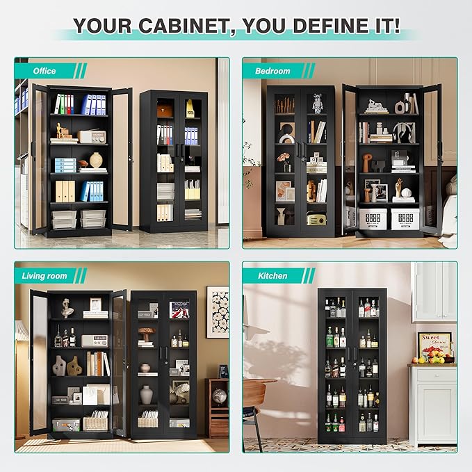SISESOL Metal Storage Cabinet with Lock and Glass Doors,Glass Display Cabinet,67" Tall Black Storage Cabinets,Locking Curio Cabinets with 5 Shelves for Collectibles,Home,Office,Living Room