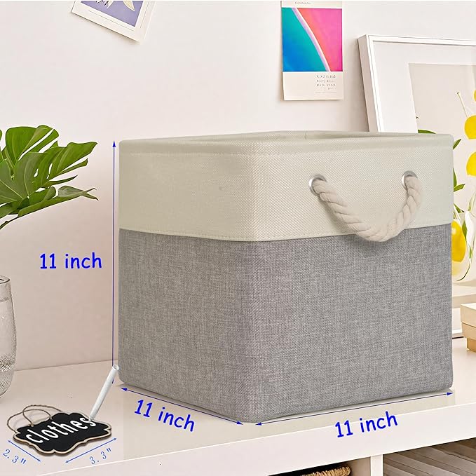 11inch cube storage bin[6 Pack],Fabric Storage Cubes with Rope Handles, Eco-Friendly Linen Collapsible Organizers for Closet, Nursery, Toys, Office, Bathroom – Dual Color Design.(White&Grey)