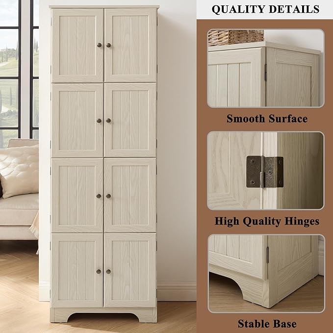 72" H Farmhouse Storage Cabinet, 4 Tier Kitchen Pantry Cabinet with 4 Shelves, 8 Doors Freestanding Floor Storage Cabinet Wooden Organizer Bookcase for Living Room & Kitchen (White)