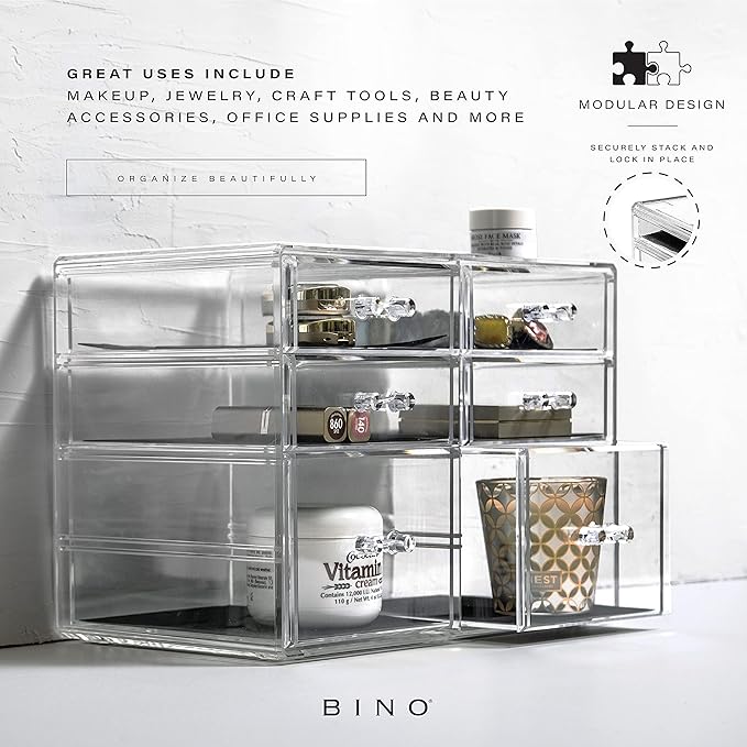 BINO | 6 Drawer Makeup Organizer, York Avenue | THE MANHATTAN SERIES | Makeup Drawer Organizer | Makeup Storage | Cosmetic Organizer | Vanity Organizer | Clear Makeup Organizers And Storage Cases