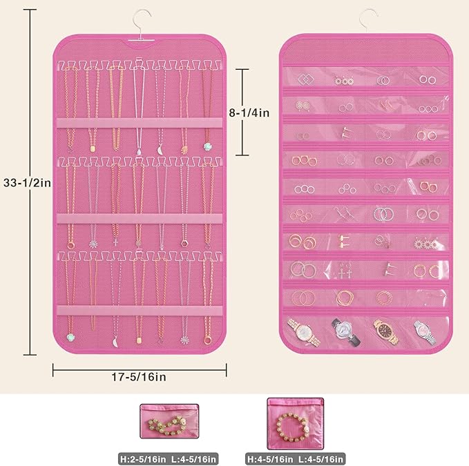 Hanging Jewelry Organizer Storage, 40 Pockets 36 Hooks Necklace Earring Necklace Bracelet Ring Organizer, Double - Sided Design, Pink