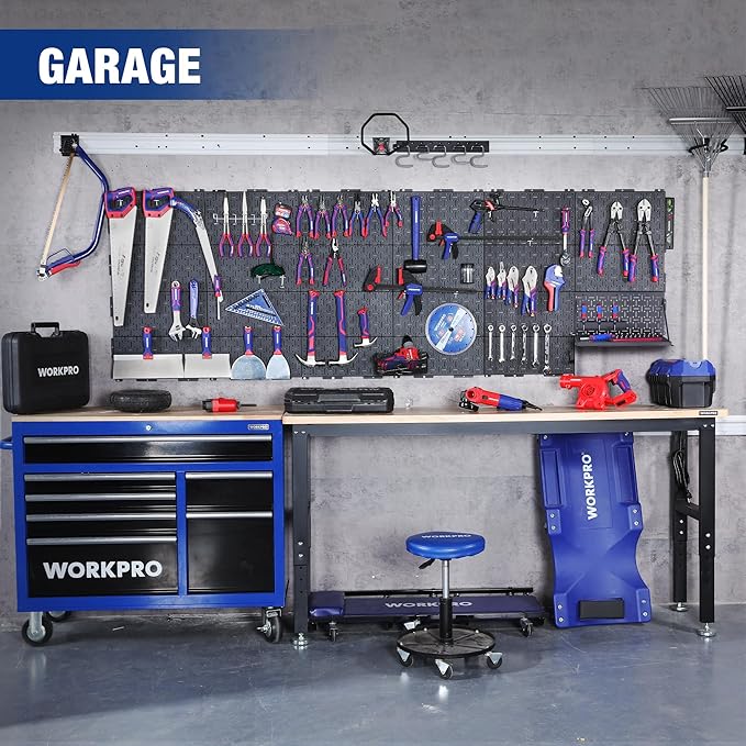 WORKPRO 16”x 16” Metal Peg Board, Foldable Black Pegboard for Wall Organization, Steel Panel with Round Holes & Vertical Slots, Ideal Tool Organizer in Office and Craft Room, 2 Pack