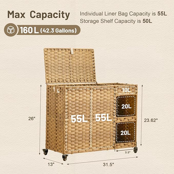 Laundry Hamper with Wheels, 42.3 Gal.(160 L) Laundry Sorter with Shelves, Rattan Clothes Hamper with 4 Removable Liners & 3 Mesh Bags, Handwoven Organizer for bedroom, bathroom, laundry room, Natural