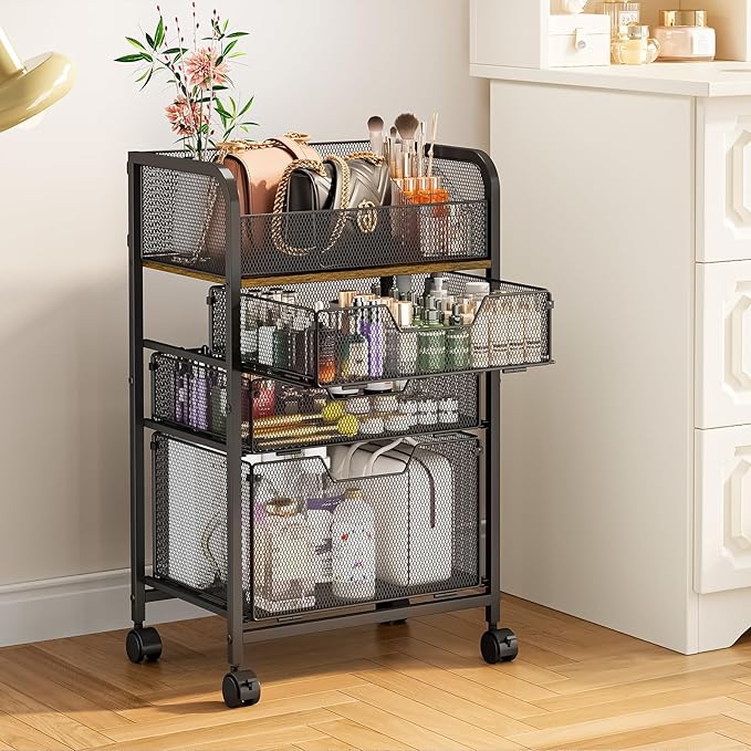 4-Tier Rolling Utility Cart with 3 Drawers - Craft Organizers and Storage with 360° Lockable Wheels,Art Supply Storage Organizer for Art Supplies, Store for Brushes & Paints & Artifacts Small Parts