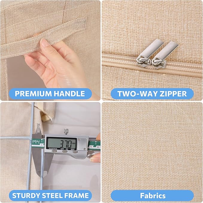 CYhom Extra Large Clothes Storage Bins - Linen Fabric Foldable Stackable Container Organizer Set with Clear Window & Carry Handles & Metal Frame - 2Pack Large Capacity for Bedding, Blankets, Books