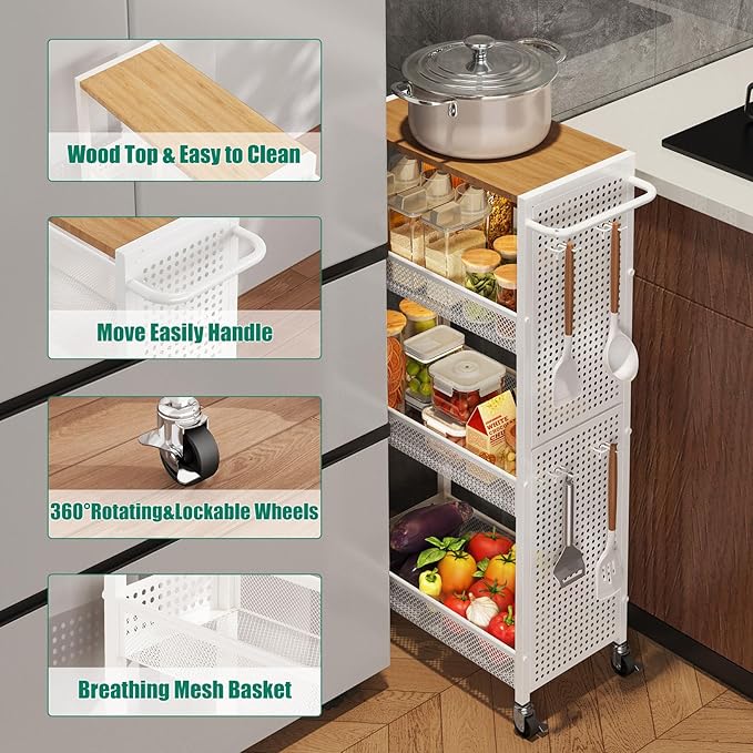 4-Tier Slim Storage Cart with Wheels,Small Mobile Organizer Shelf with Wooden Top & Metal Handle for Kitchen, Laundry Room, Bathroom, Office (White, 9.1 inch)