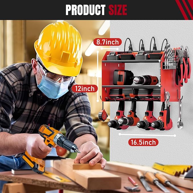 Modular Power Tool Organizer Wall Mount with Charging Station, 4-Layer Heavy Duty Drill Holder Rack & 8-Outlet Power Strip for Garage Workshop Storage