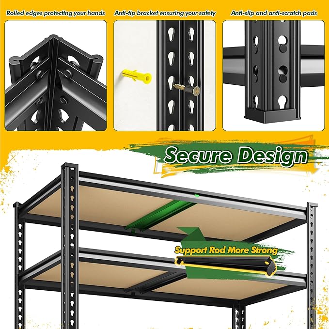 72.2" H Garage Shelves 2230LBS Storage Shelves, 5 Tier Adjustable Metal Shelving, Heavy Duty Shelving for Storage, Basement, Warehouse, Pantry, Kitchen, 35.5" W x 19.5" D x 72.2" H, Black