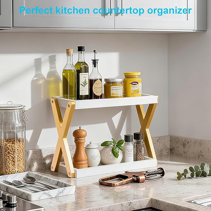 Bathroom Counter Organizer, Wooden Sink Shelf for Vanity Storage, Storage Organizers for Bathroom, Kitchen, Dresser (Gold-White)