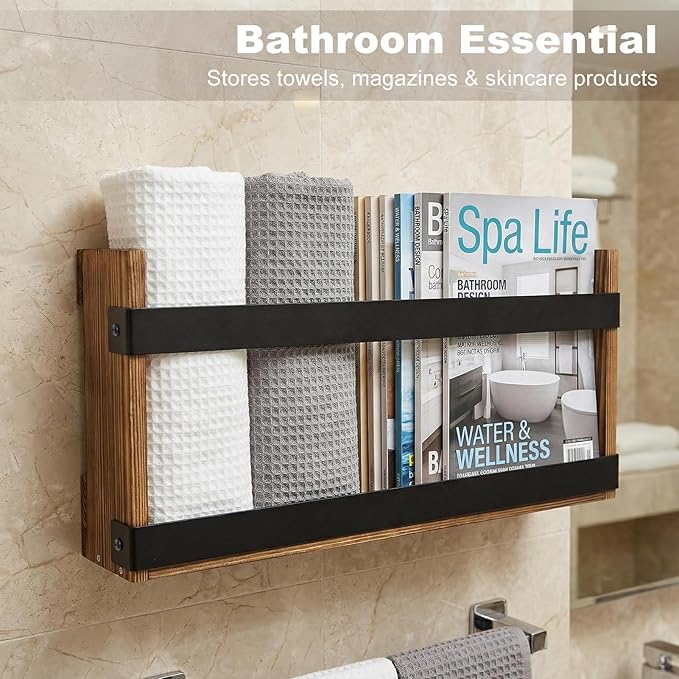 Wood Magazine Holders Wall & Bathroom Magazine Rack, Pine Wood + Black Metal Wall Magazine Holder for Magazines, Books – Mountable or Freestanding Organizer