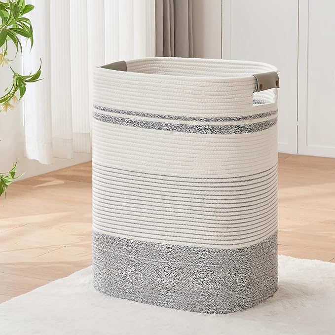 DOFASAYI Laundry Hamper - 85L Large Laundry Basket with Leather Handles, Decorative Storage Basket for Blankets - Clothes Hamper for Living Room, Bedroom, Grey & White