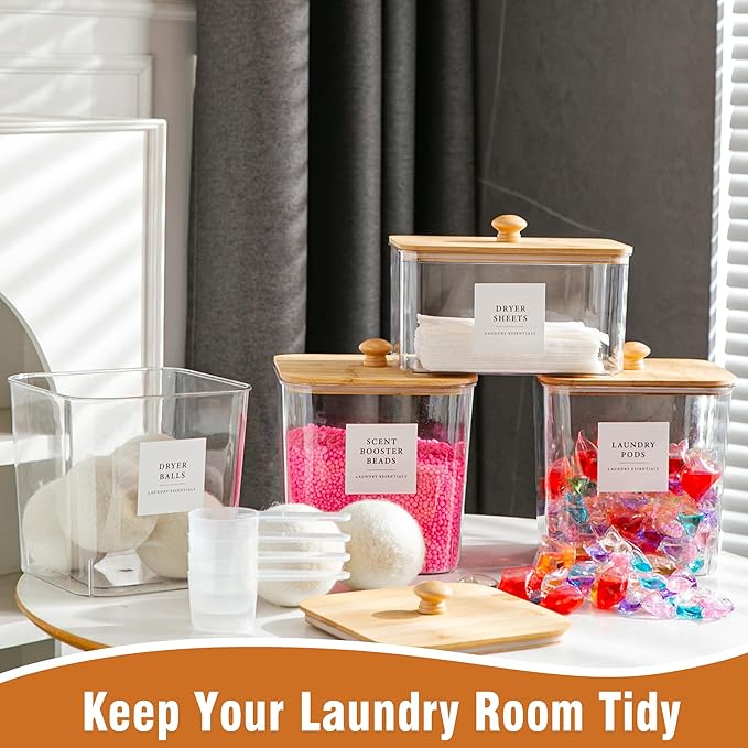 Laundry Room Organization Container, 4pcs Acrylic Laundry Pod Storage Containers, Dryer Sheet Holder Jars with Bamboo Lids and Labels for Scent Booster Powder Detergent Pods Storage