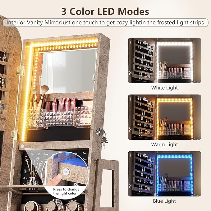 360°Swivel jewelry organizer with Full Length Mirror with Lights,Jewelry Armoires Cabinet Standing with Drawer,Large Mirror Storage for Jewelry and Makeup（Wood）