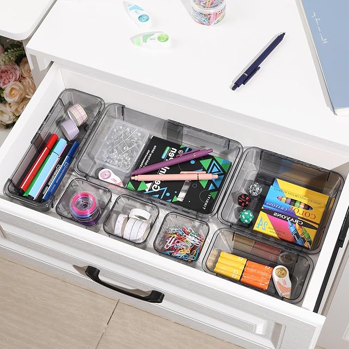 20 Pcs Adjustable Clear Drawer Organizer, Extendable Vanity Storage Bins, Desk Drawer Organizer Set for Makeup, Cosmetics, Bedroom, and Gadgets, Black