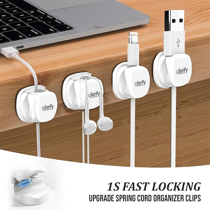 12 Pack Spring Cable Clips, White Adhesive Cord Organizer for Desk, Phone Charging Cords Holder, Car Cable Management, Cable Clips for Computer & Nightstand Charger Clips