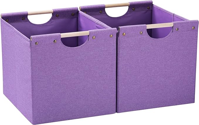 HOONEX Large Foldable Storage Bins, Linen Fabric, Pack of 2, Storage Baskets with Wooden Carry Handles and Sturdy Heavy Cardboard, for Home, Office, Car, Nursery, Purple