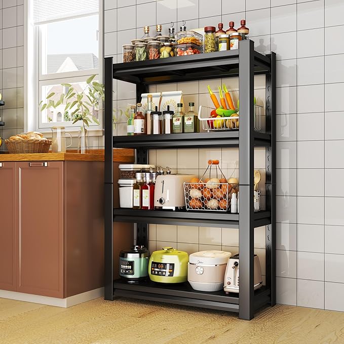 Storage Shelves, Garage Metal Shelving Unit, Adjustable, Double-Layer Column with Reinforced Ribs, Heavy-Duty, Capable of Bearing 600-3600 lbs (Black, 47''W*24''D*63''H, 4-Tier)