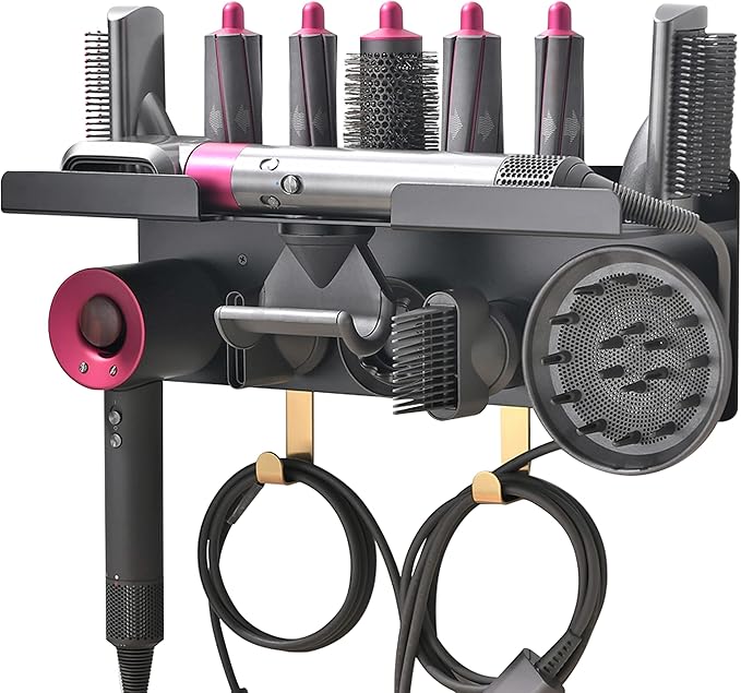 Wall Mount Holder for Dyson Styler Supersonic Hair Dryer, Nail-Free or Perforat Install, Organizer for Storage Attachments, Rack with Hooks for Accessories Nozzles Barrels Brushes