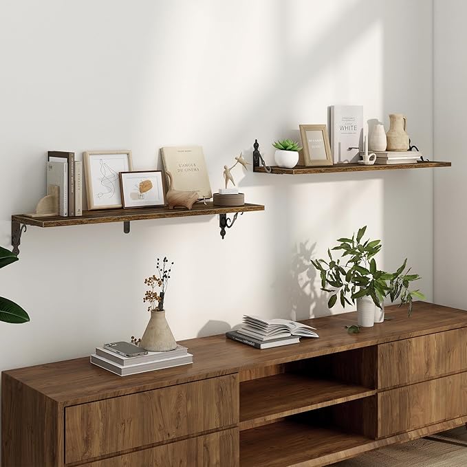 Deep Floating Shelves for Wall, 32"W x 8"D Wall Shelves, 8 Inch Deep Floating Shelf with Bracket, 32 Inch Floating shelves Set of 2, Rustic Shelves for Living Room, Bathroom and Kitchen, Rustic Brown