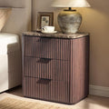 Fluted Nightstand with 3 Drawers, Engineered Wood Bedside Table with Faux Marble-Top, Modern End Table with Curved Corners, Metal Handle, Large Night Stand for Bedroom, Office, Closet, Dark Oak