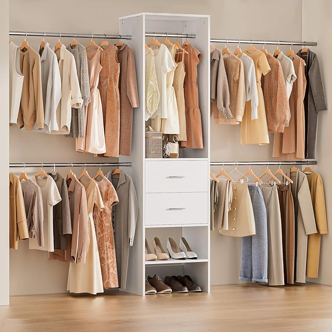 Closet System with Drawer, 5-8FT Closet Organizers System with 5 Adjustable Hanging Rods and Shoe Rack, Heavy Duty Walk in Closet Organizers and Storage with Drawers, White