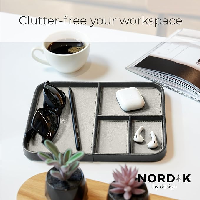 Nordik Leather Valet Tray - Sahara Gray - 9.5 x 7.9 Inch Medium Vegan Leather Tray - Stylish Nightstand Organizer for Men - Modern Bedside Caddy - EDC Catchall for Key Watch Wallet Jewellery