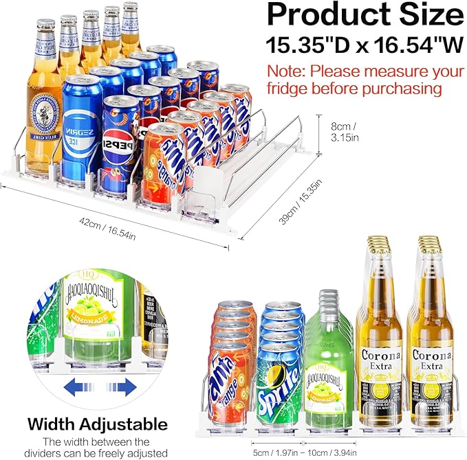 Drink Organizer for Refrigerator, Automatic Pusher Drink Dispenser for Fridge, Soda Can Organizer for Beer Beverage Holds up to 25-5Row (15.3" D x 16.54" W)