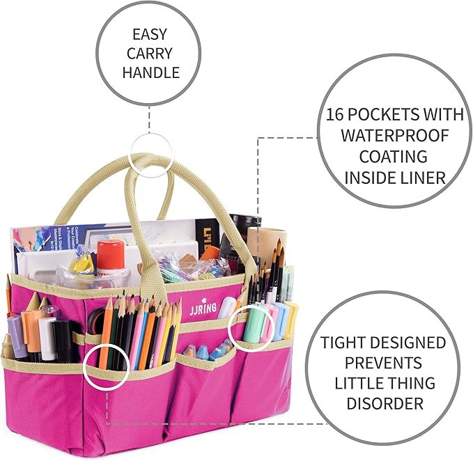 JJRING Craft and Art Tote - 600D Rose Red Nylon Fabric Art Sewing Organizer Bag with Pockets - for Craft, Scrapbooking, Medical, and Office Supplies Storage