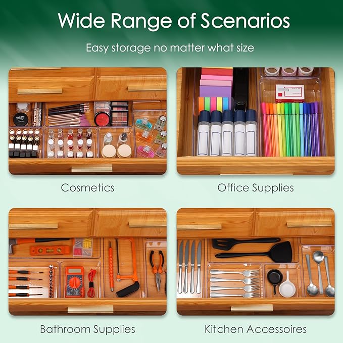 Criusia Drawer Organizer Set, Acrylic Non Slip Non Cracking Kitchen Drawer Storage Tray Large Size Divider, Multifunctional Storage for Cosmetics, Bathroom, Tools, Kitchen and Office (8 PACK)