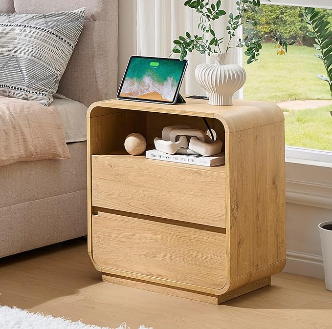 Modern Nightstand Set of 2, 23.2" Large Wood Bedside Table with Charging Station & Curved Profile, 2 Storage Drawers Side Table, Mid-Century End Table Night Stand for Bedroom Sofa Natural