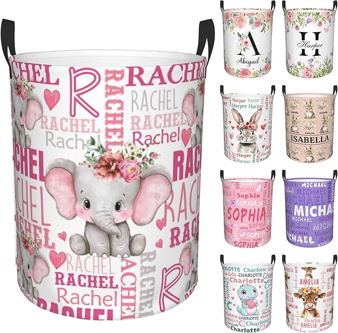 Custom Name Laundry Hamper, Personalized Elephant Laundry Basket with Name for Boys Girls Kids Men Women, Customized Name Dirty Clothes Basket Gifts for Clothes Toy Bathroom Bedroom Laundry Room Dorm