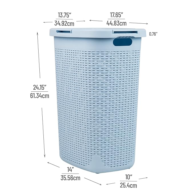 Mind Reader Slim Laundry Hamper with Lid, 60L Clothes Basket, Premium Wicker Design, Plastic, Baby Blue
