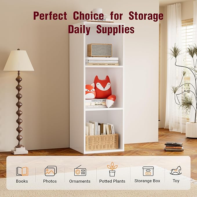 Book Shelf, Wooden Cube Storage Organizer with 11" Open Cubes, Stackable Modular Bookcase for Room Divider Storage, 3 Tier Bookshelf for Living Room, Bedroom, Office (White, 3-Cube)