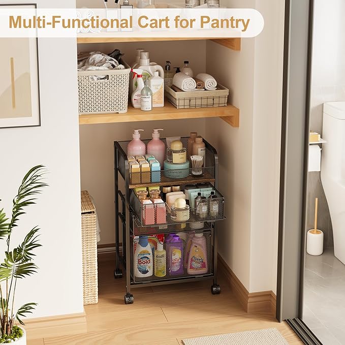 4-Tier Rolling Utility Cart with 3 Drawers - Craft Organizers and Storage with 360° Lockable Wheels,Art Supply Storage Organizer for Art Supplies, Store for Brushes & Paints & Artifacts Small Parts