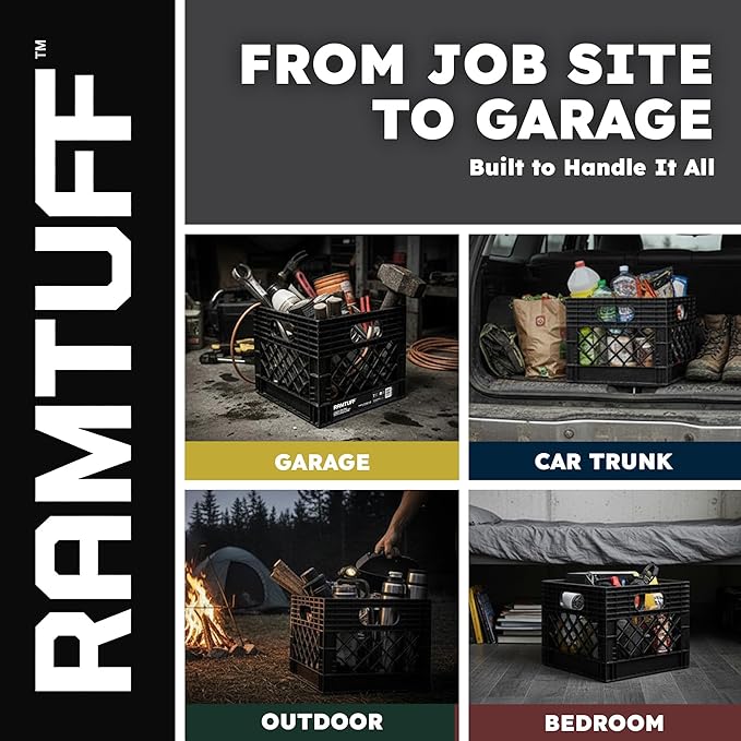 Ramtuff 2 Pack Storage Milk Crate, Durable Plastic Home Organizers, Stackable Box Set with Reinforced Handles, 250 lb Load Capacity, Black