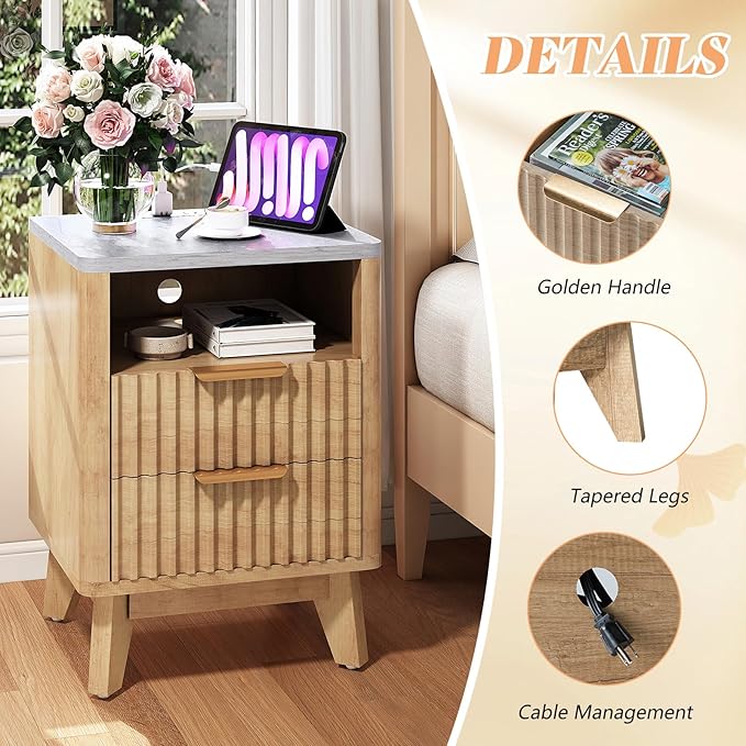 AMERLIFE Fluted Nightstand with Charging Station and Faux Marble Top, 18" Modern Bedside Table with 2 Drawers and Metal Handle, Side Table for Bedroom, Living Room, Natural Oak