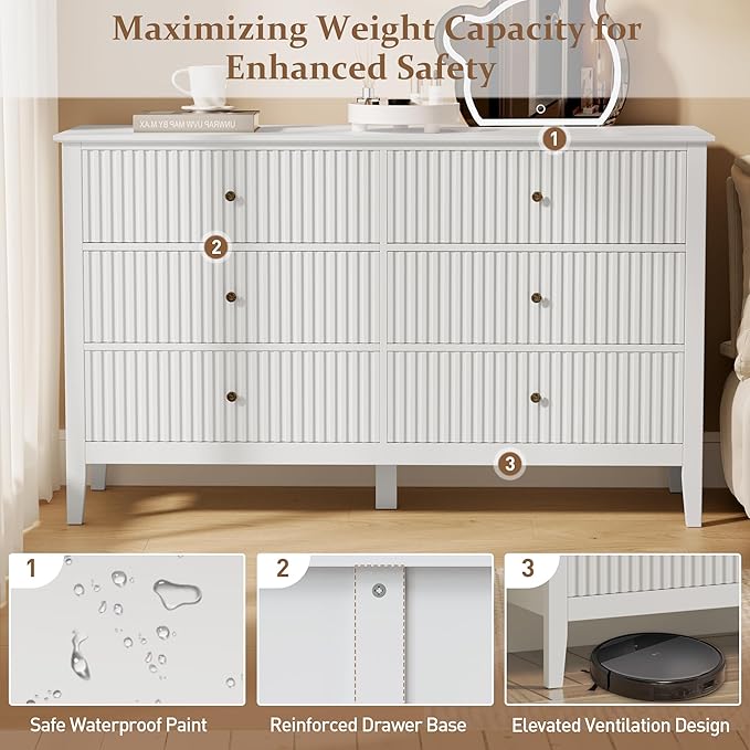 RoyalCraft White 6 Drawer Dresser for Bedroom, Fluted Painted Wood Chest of Drawers, Modern TV Stand Storage Cabinet for Living Room, Entryway, 47" W x 16" D x 32" H